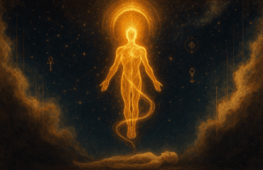 A luminous soul in translucent human form, emerging from its earthly body, ascending through layers of astral light. A golden thread of energy connects it to constellations above. Surrounded by a dark cosmic void with stars, veils of mist, and floating symbols. Mystical glow, ethereal atmosphere, cinematic golden highlights.