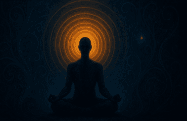 Медитирующий человек в позе лотоса с золотым ореолом на фоне звёздного неба и мистических узоров — символ остановки внутреннего диалога и духовного пробуждения