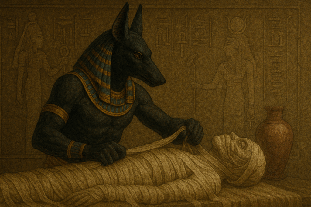 Anubis performing a mummification ritual on Osiris