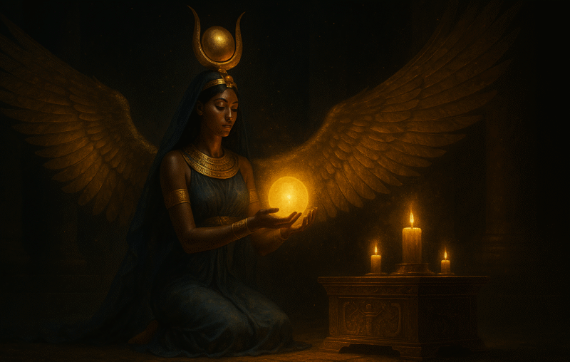 Goddess Isis kneeling in a dark temple, holding a glowing orb, with golden wings and sacred candles