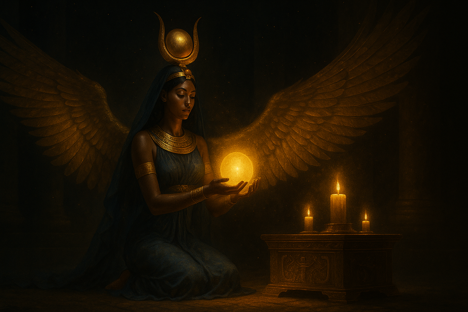 Goddess Isis kneeling in a dark temple, holding a glowing orb, with golden wings and sacred candles