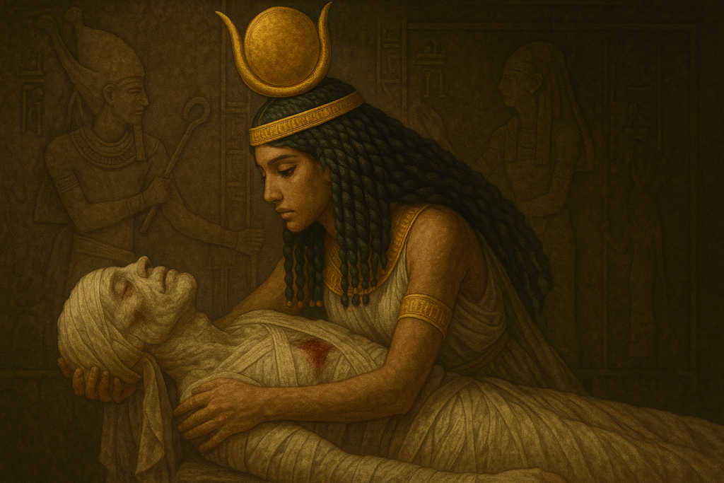 Isis cradling the body of Osiris in sorrow and tenderness