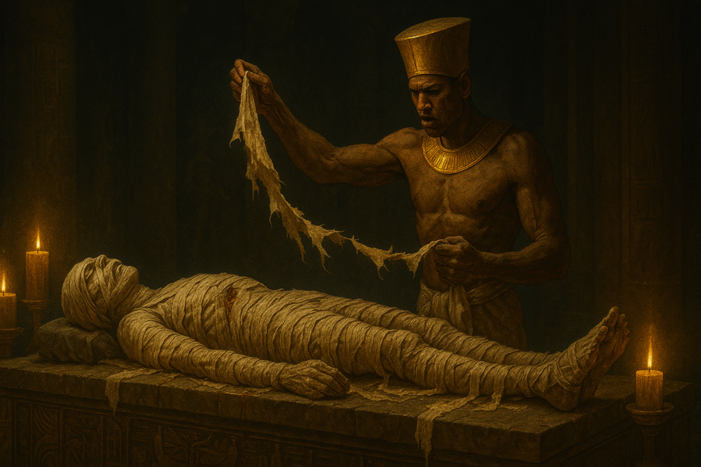 Mummified Osiris on a stone slab, solemn figure holding a strip of bandages"
Описание: Архетипическая сцена разорванного Осириса — символ утраченных аспектов души.