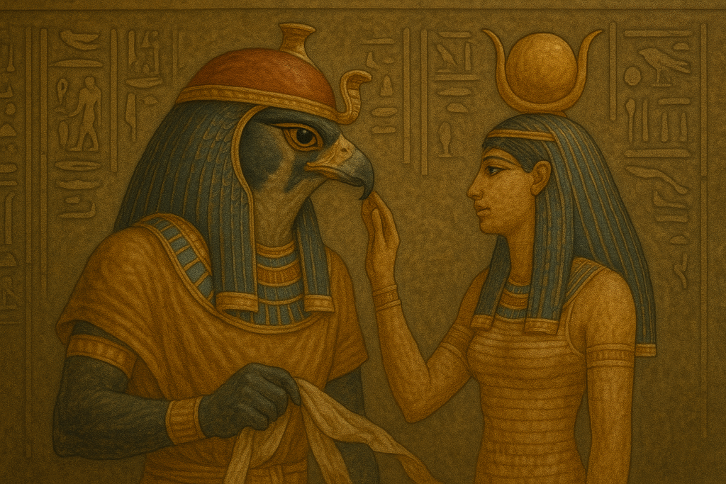 "Isis touching Horus, falcon-headed god, in ancient Egyptian relief style