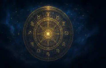 A mystical and intricate glowing astrological wheel, floating in a cosmic nebula of deep blues and purples.