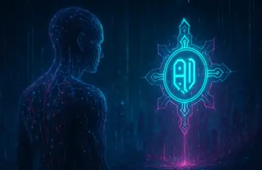 Человеческий силуэт, состоящий из цифровых потоков данных и нейронных сетей, смотрящий на светящийся символ