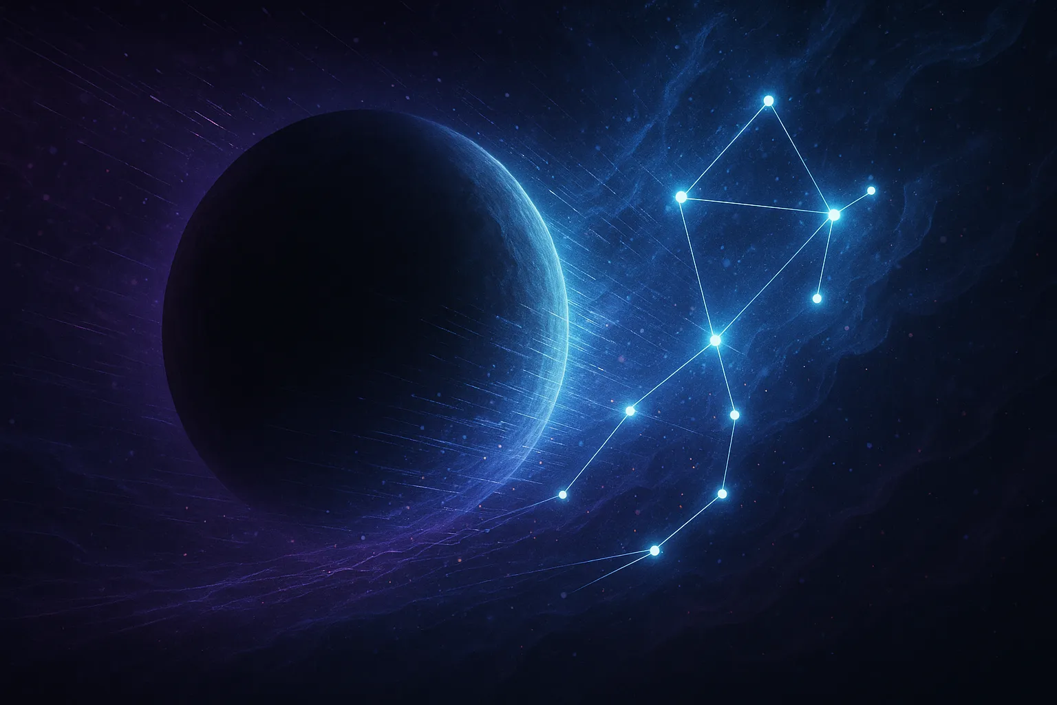 A dynamic and conceptual representation of a planet moving into a new constellation.
