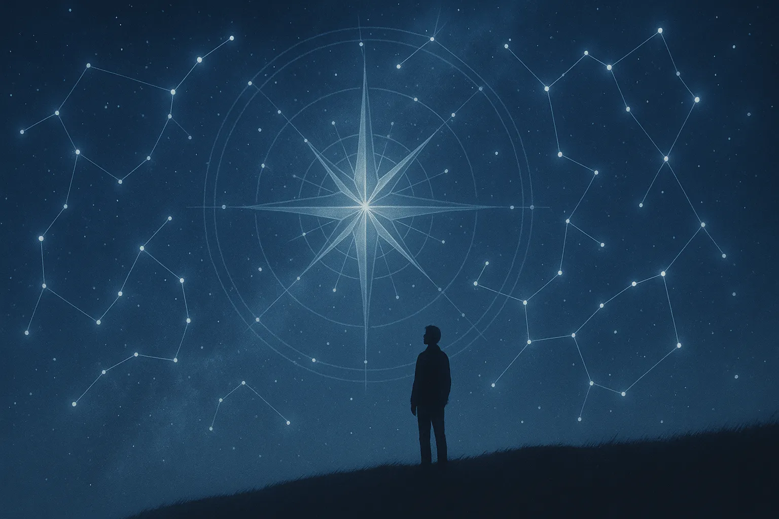 Silhouette of a person standing on a hill, looking up at a vast, beautiful night sky.