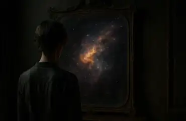 Человек у зеркала с отражением космоса