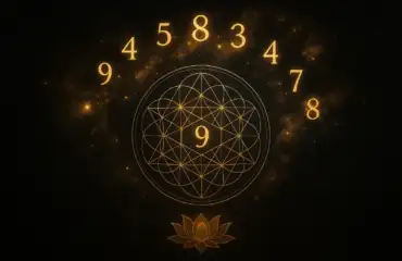 Ведическая нумерология - светящаяся золотом сакральная геометрия с числами от 1 до 9 на фоне черного космоса.