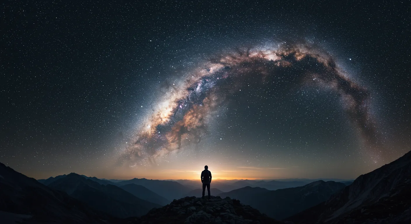 Человек на вершине горы, созерцающий звездное небо, символизирующий самопознание через астрологию.