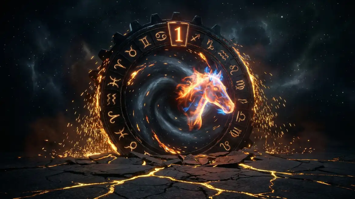 Эзотерический прогноз на 2026 год: горящие золотые цифры 2026 и зодиакальный круг в космосе.