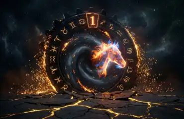 Эзотерический прогноз на 2026 год: горящие золотые цифры 2026 и зодиакальный круг в космосе.