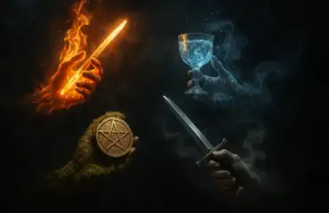 Четыре руки, символизирующие масти Таро: Жезлы, Кубки, Мечи и Пентакли.