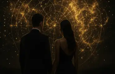Нумерологическая совместимость по дате рождения — пара смотрит на звездное небо с числами.