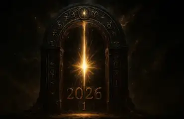 2026: Год Кармической Развязки — Ваш Полный Прогноз по Нумерологии и Астрологии 9 Прогноз на 2026 год — космические врата с нумерологическими и астрологическими символами.