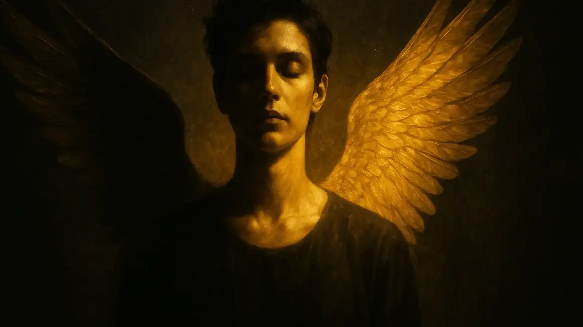 Человек стоит в золотом свете, его тень превращается в крылья