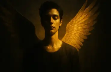 Человек стоит в золотом свете, его тень превращается в крылья