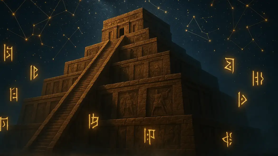 Древний шумерский зиккурат под звездным небом с золотыми созвездиями
