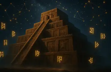 Древний шумерский зиккурат под звездным небом с золотыми созвездиями
