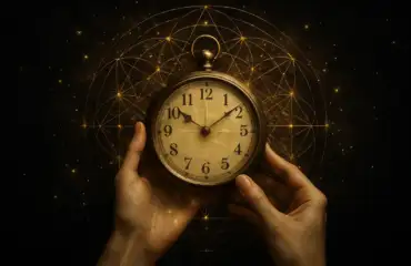 Ангельская нумерология на часах, показывающих 11:11, в женских руках на фоне космоса.