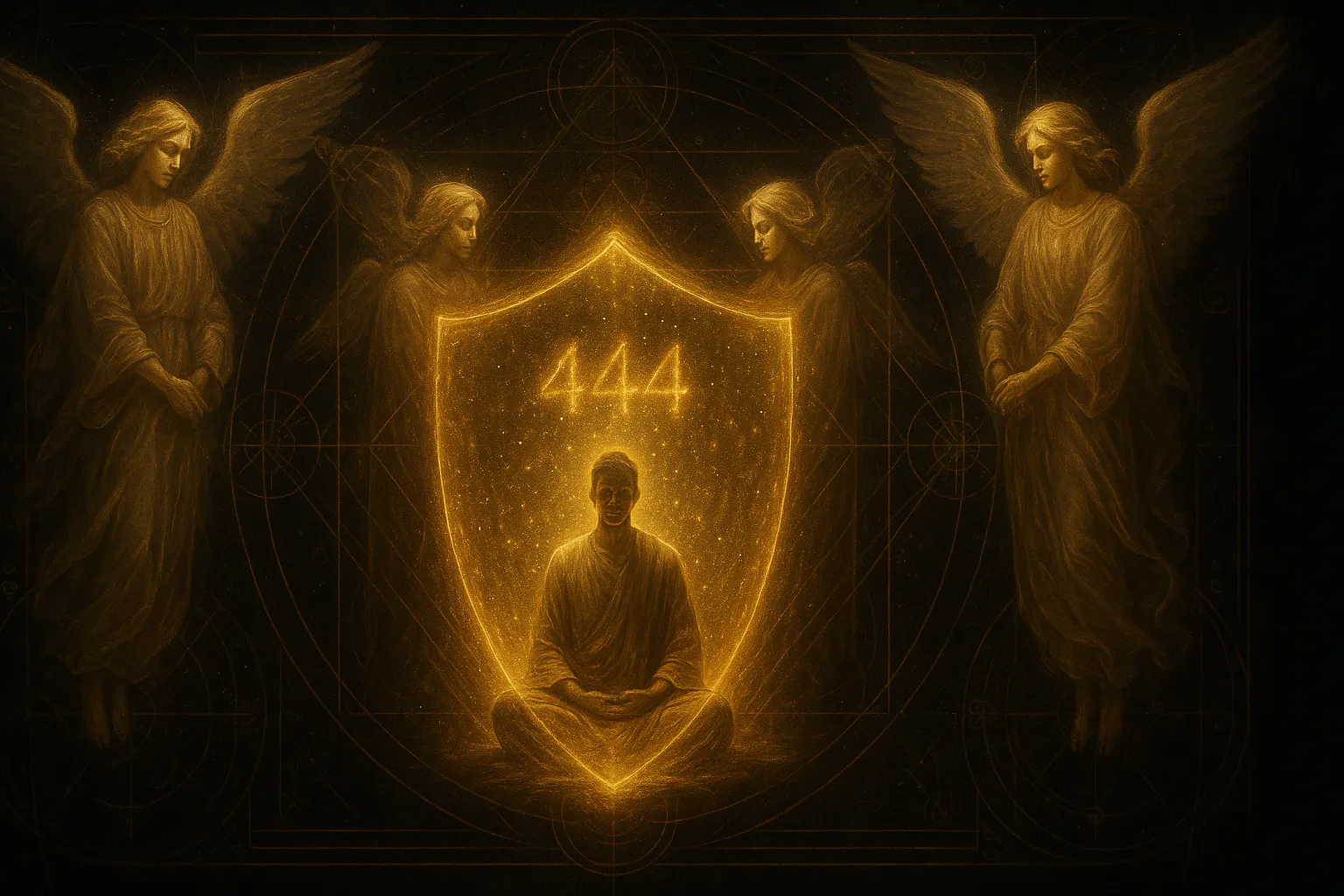 Число 444: мощный знак защиты и стабильности от ваших ангелов 1 Человек в медитации окружен золотым защитным светом и четырьмя ангелами-хранителями