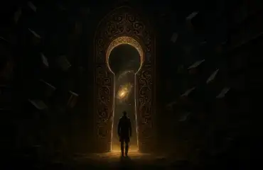 Дверь в мир эзотерики в виде замочной скважины, ведущая к звездам.