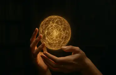 Женские руки держат светящуюся сферу энергии — символ эзотерических практик.