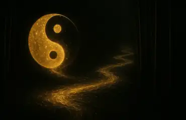 Символ Инь-Ян, растворяющийся в космической реке, как символ философии Дао.