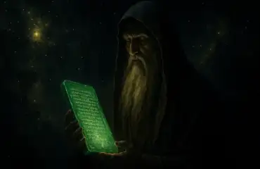 Гермес Трисмегист с Изумрудной скрижалью на фоне космоса, символизирующий герметизм.