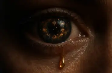 Человеческий глаз, в котором отражается космос и светящиеся магические сигилы.