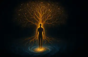 Силуэт человека перед космическим древом жизни, символизирующим связь мифологии и эзотерики с коллективным бессознательным.