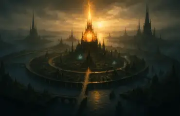 Вид с воздуха на столицу Атлантиды с концентрическими каналами