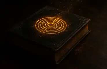 Древняя тайная книга магов с золотым символом лабиринта на обложке.