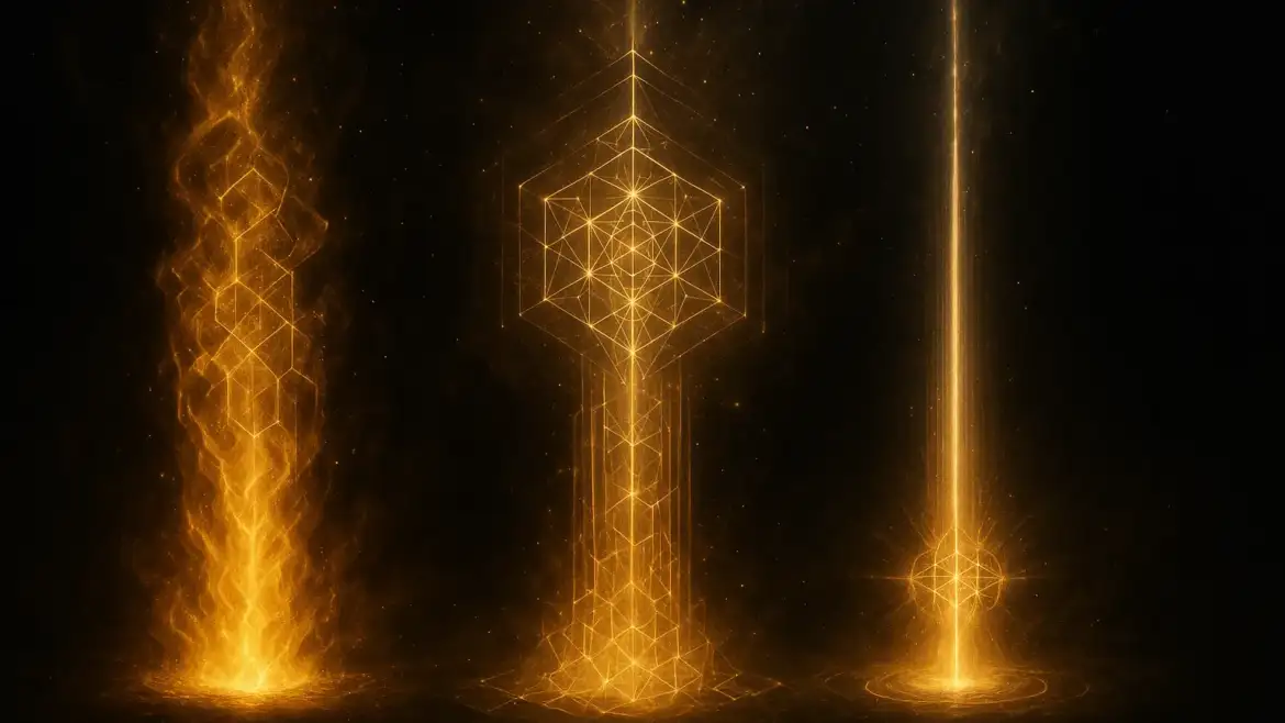 Три золотых энергетических столпа символизируют энергию, намерение и фокус