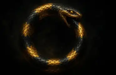 Золотой Уроборос, кусающий свой хвост, на фоне космоса — символ вечности и трансформации.