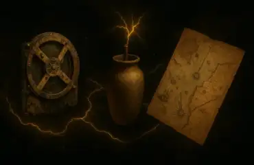 Коллаж из неуместных артефактов, символизирующих загадки истории и запретную археологию.