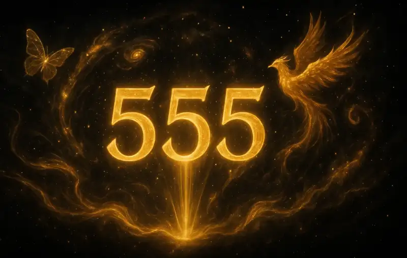 Увидели 555? Приготовьтесь! Вселенная готовит для вас большие перемены 11 Мистическое число 555 в космическом пространстве с золотым свечением