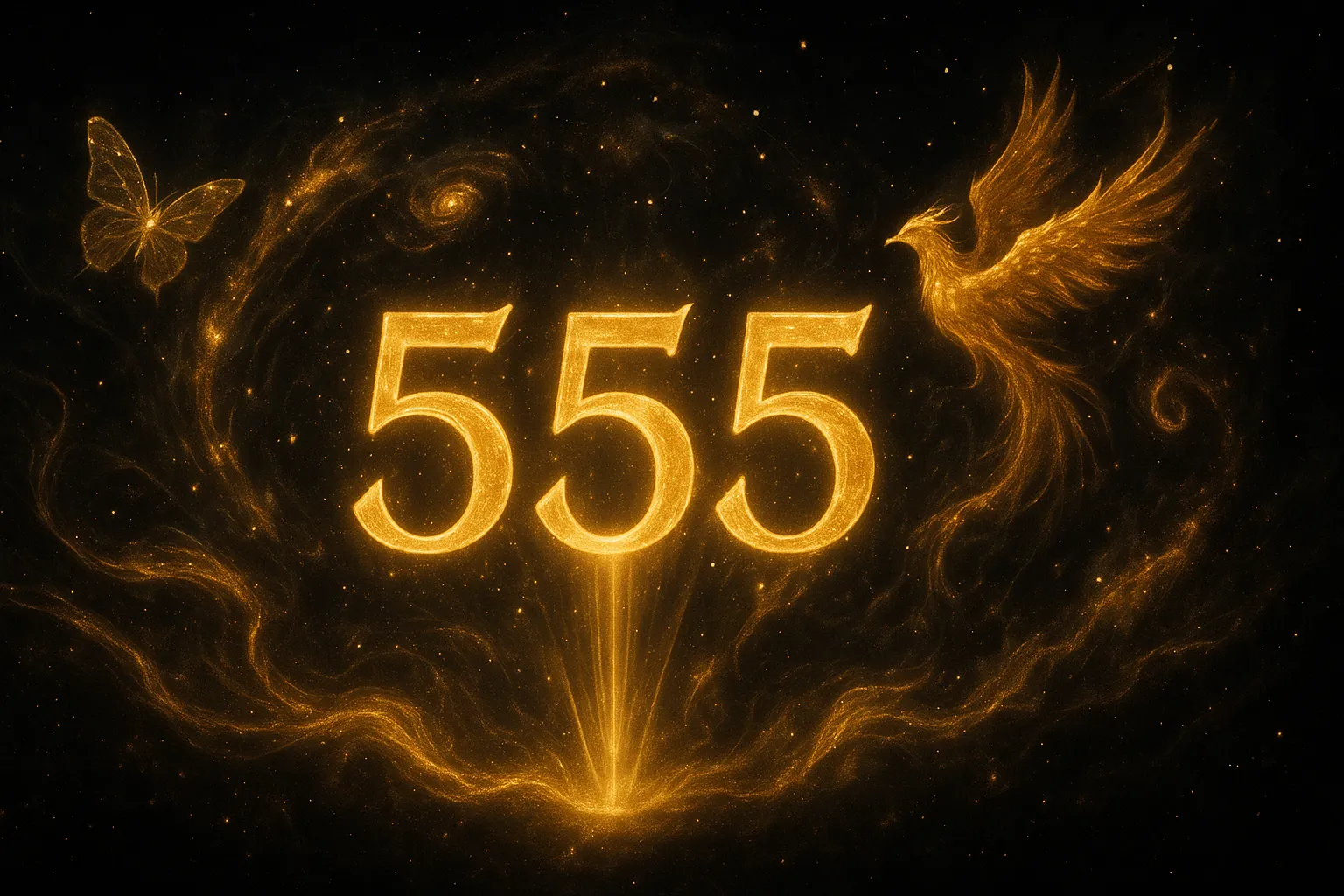 Увидели 555? Приготовьтесь! Вселенная готовит для вас большие перемены 1 Мистическое число 555 в космическом пространстве с золотым свечением