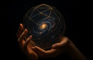 Женские руки держат светящуюся сферу с вселенной внутри — символ познания тайных знаков.