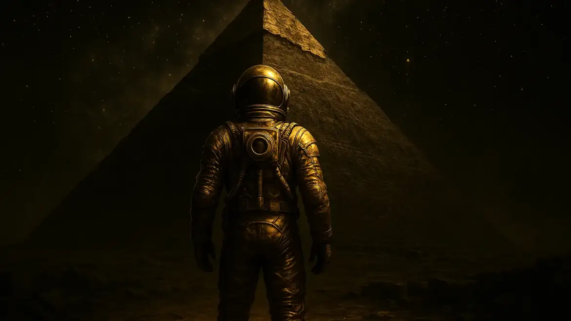 Древний астронавт в золотом скафандре перед пирамидой