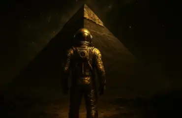 Древний астронавт в золотом скафандре перед пирамидой