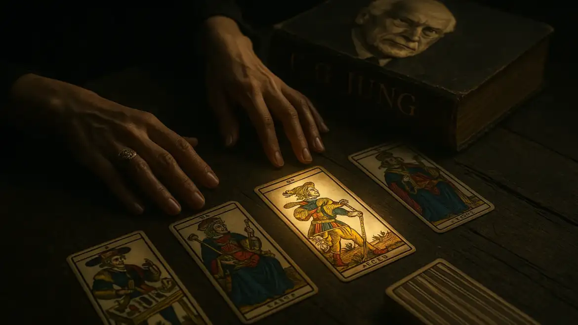 Обзор книги "Юнг и Таро" Салли Николс на столе с картами Марсельского Таро.