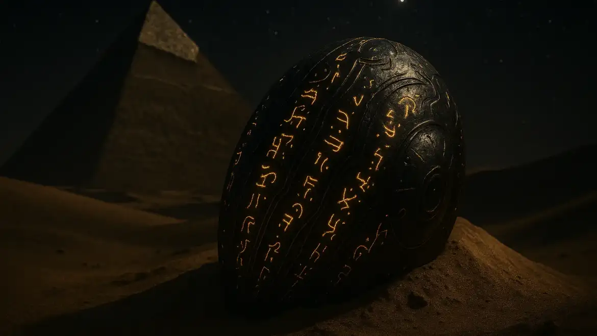 Древний инопланетный артефакт в песках Египта на фоне пирамиды — символ палеоконтакта.