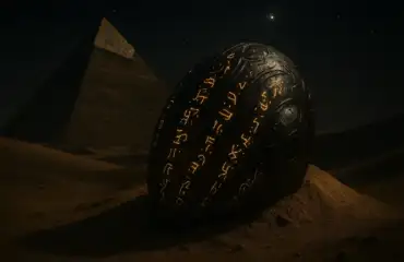 Древний инопланетный артефакт в песках Египта на фоне пирамиды — символ палеоконтакта.