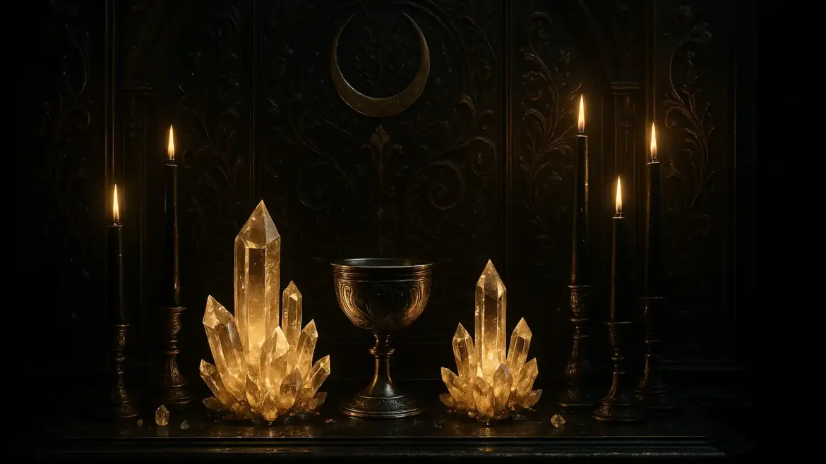 Величественный магический алтарь с кристаллами и свечами, созданный для ритуалов.