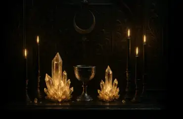 Величественный магический алтарь с кристаллами и свечами, созданный для ритуалов.