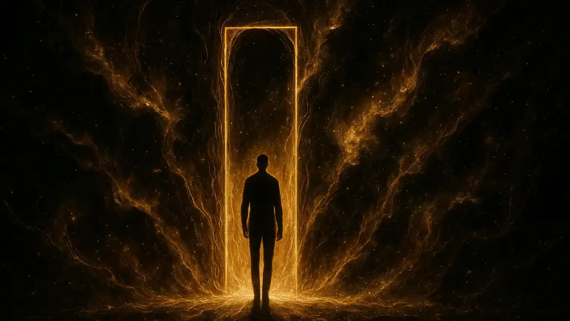 Силуэт человека на пороге космической двери как символ духовного пробуждения.