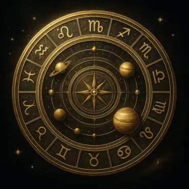 Arcana Visio: Эзотерический портал — Таро, астрология, нумерология 5 Золотое колесо Зодиака на чёрном космосе, сияющие планеты и гравировки