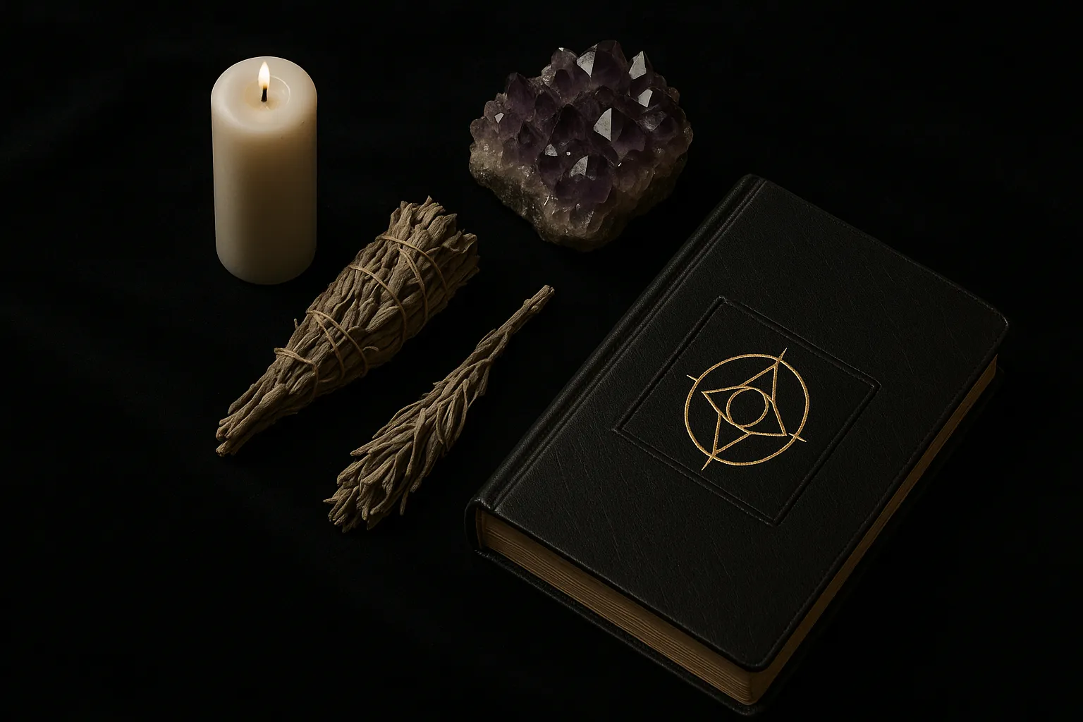Магические инструменты для начинающих - свеча, кристаллы, шалфей, гримуар.